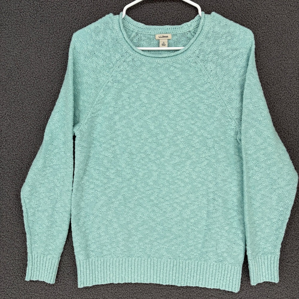 LL Bean Womens Seafoam Green 100% Cotton Textured Crewneck Sweater Small 506299